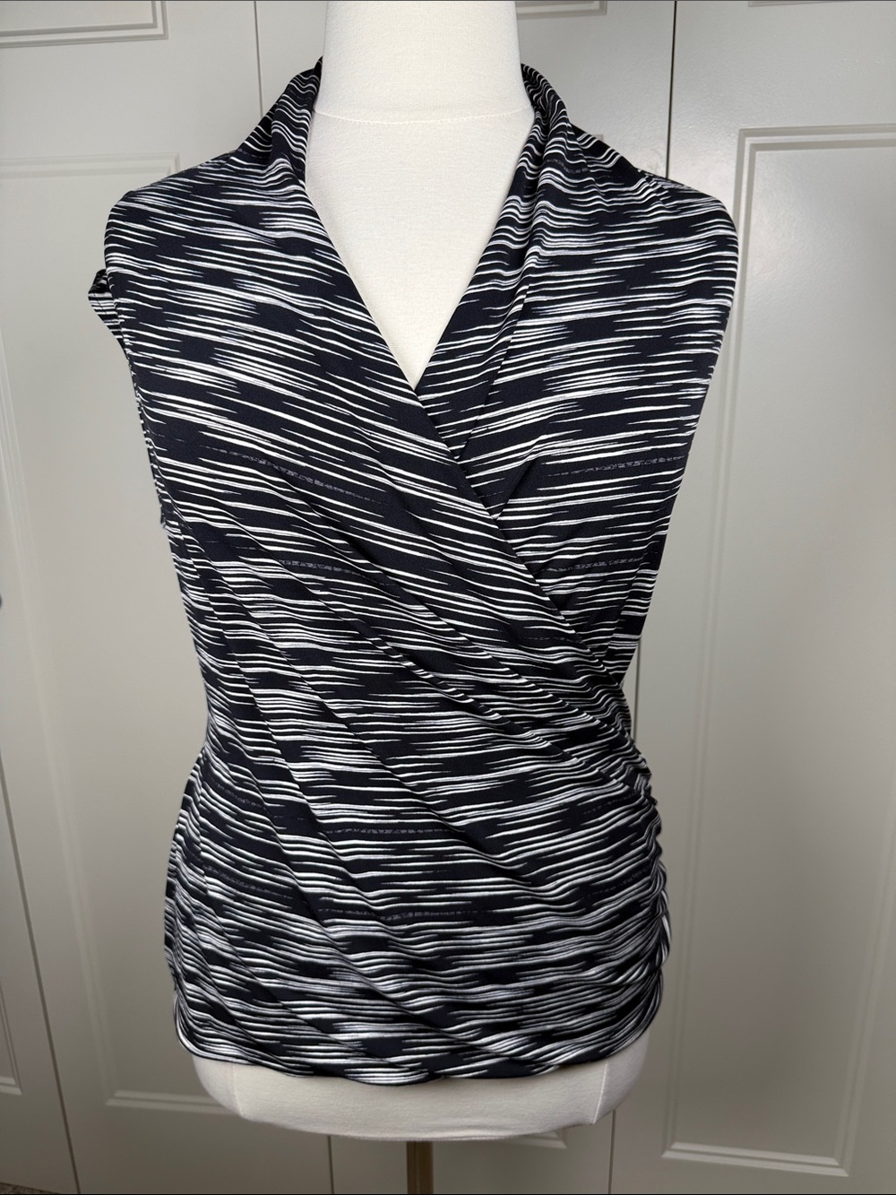 Chaus Black and White Striped Wrap-Style Blouse Size XL